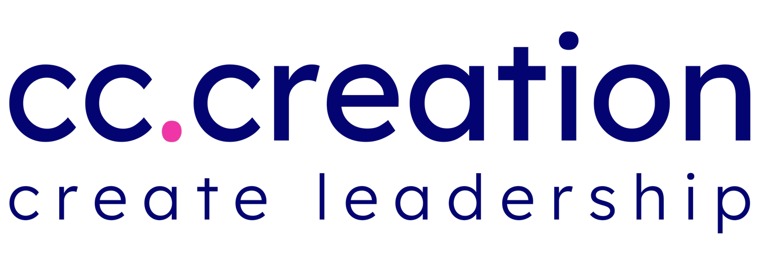 Logo mit dunkelblauem "cc.creation" und rosa Punkt, darunter Slogan "create leadership".